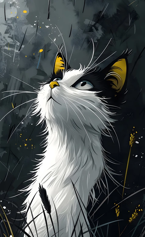 黑白猫咪仰头望雨·暗黑艺术插画风 雨夜草间壁纸精选 – 高清 桌面壁纸 开放版权素材 免费下载 手机电脑通用背景图
