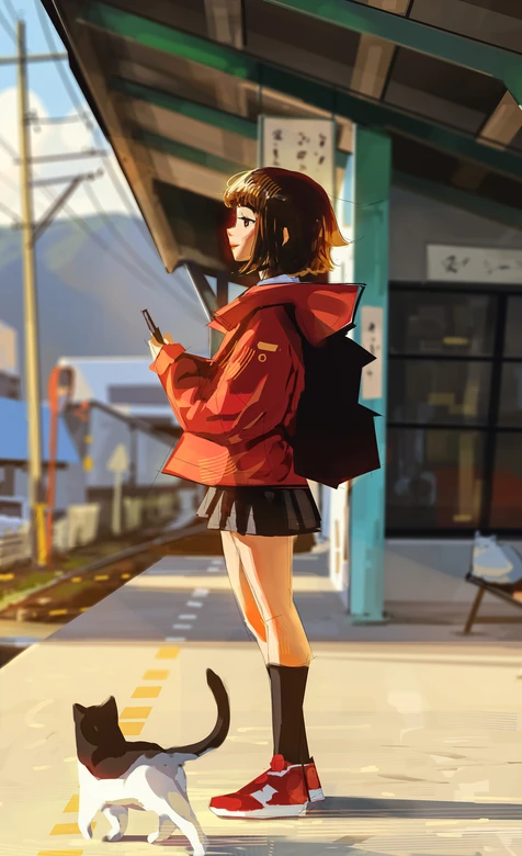 短发少女·红外套黑裙+猫咪 国漫风日系车站治愈系手机壁纸 – 高清 桌面壁纸 开放版权素材 免费下载 手机电脑通用背