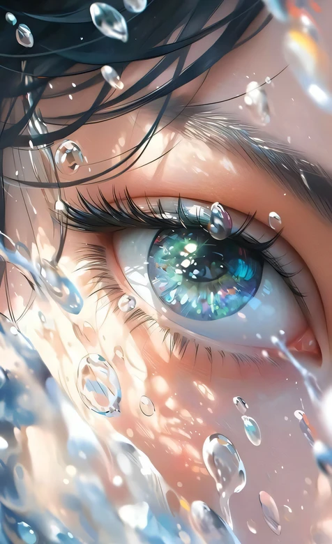 二次元唯美眼眸特写·水珠环绕梦幻虹膜 高透感手机壁纸 – 高清 桌面壁纸 开放版权素材 免费下载 手机电脑通用背景图