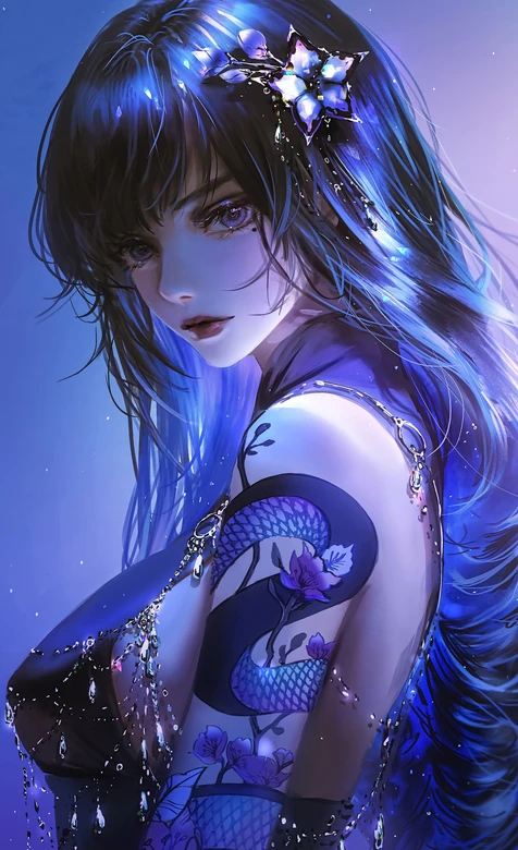 蓝发蛇纹花饰少女·二次元唯美梦幻超仙手机壁纸 – 高清 桌面壁纸 开放版权素材 免费下载 手机电脑通用背景图