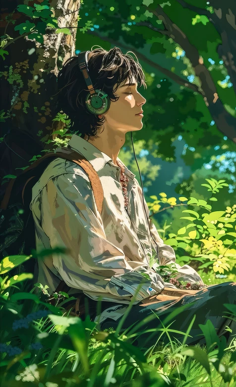 闭眼戴耳机的森林帅哥·唯美治愈风 自然小憩手机壁纸 – 高清 桌面壁纸 开放版权素材 免费下载 手机电脑通用背景图