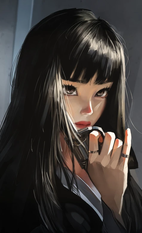黑长直刘海少女·暗黑写实风原创插画 高质感手机壁纸 – 高清 桌面壁纸 开放版权素材 免费下载 手机电脑通用背景图