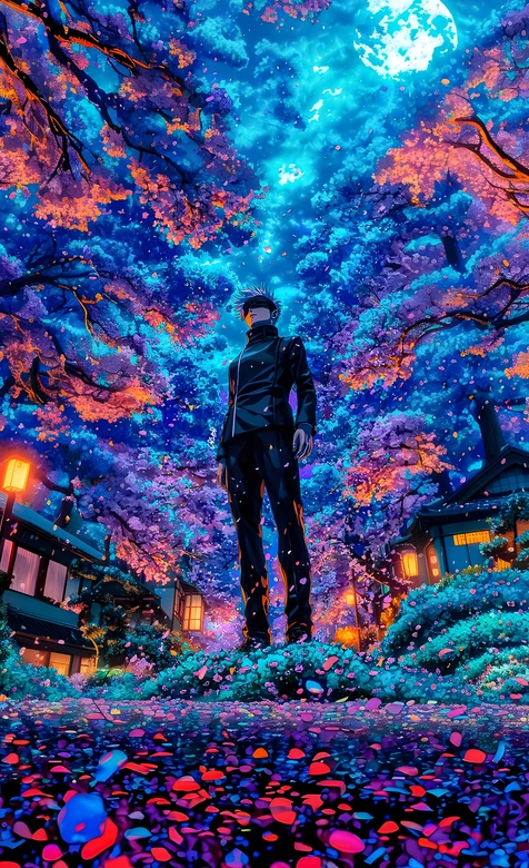 五条悟·眼罩黑衣 炫彩樱花月夜 咒术回战动漫壁纸 – 高清 桌面壁纸 开放版权素材 免费下载 手机电脑通用背景图