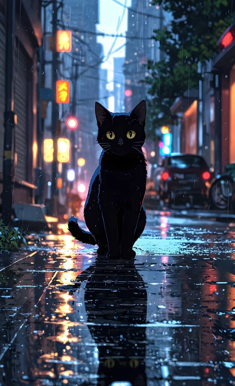 黑猫金黄眼眸·雨夜都市霓虹插画 雨夜街景手机壁纸 – 高清 桌面壁纸 开放版权素材 免费下载 手机电脑通用背景图