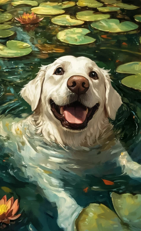 白犬睡莲池戏水·油画风治愈系宠物壁纸 – 高清 桌面壁纸 开放版权素材 免费下载 手机电脑通用背景图