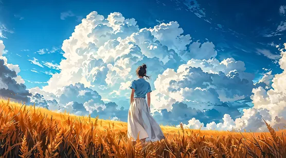 麦田白裙少女·唯美插画风 蓝天云朵治愈系电脑壁纸 – 高清 桌面壁纸 开放版权素材 免费下载 手机电脑通用背景图