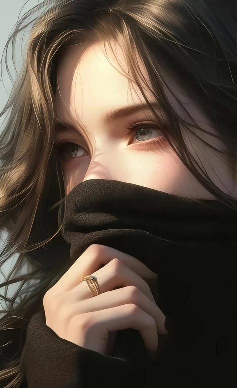 遮面人物·发丝轻扬唯美写实风 原创插画高质感人物壁纸 – 高清 桌面壁纸 开放版权素材 免费下载 手机电脑通用背景图