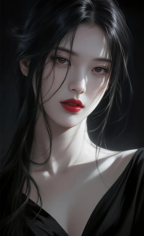 黑发红唇女子·暗黑写实风艺术写真 高质感人像壁纸 – 高清 桌面壁纸 开放版权素材 免费下载 手机电脑通用背景图