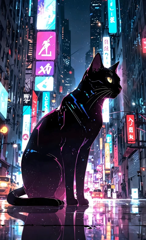 赛博朋克黑猫·霓虹都市夜景 赛博风手机壁纸 – 高清 桌面壁纸 开放版权素材 免费下载 手机电脑通用背景图