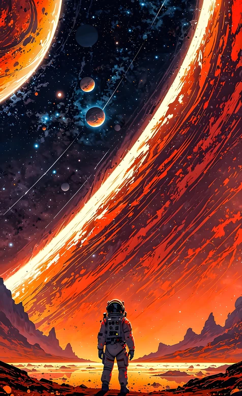 宇航员·异星眺望宇宙星河 科幻插画风超震撼宇宙探险手机壁纸 – 高清 桌面壁纸 开放版权素材 免费下载 手机电脑通用