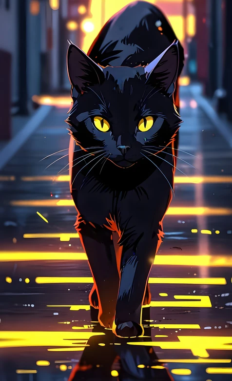 赛博朋克风黑猫·金黄眼眸雨夜街巷 赛博都市手机壁纸 – 高清 桌面壁纸 开放版权素材 免费下载 手机电脑通用背景图