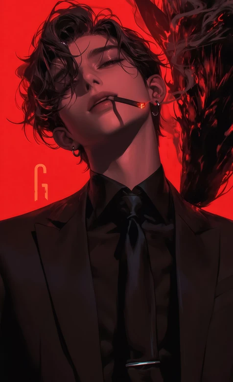 暗黑系禁欲卷发帅哥·西装烟雾原创插画 高人气暗黑手机壁纸 – 高清 桌面壁纸 开放版权素材 免费下载 手机电脑通用背