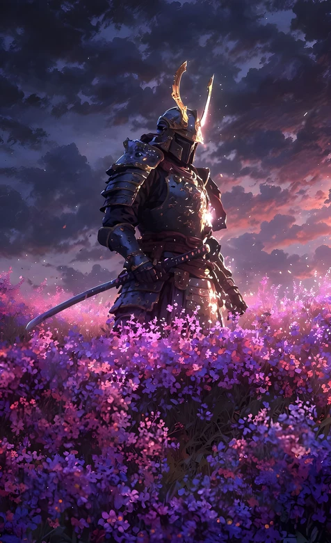 甲胄武士·刃映余晖 粉紫花海奇幻风武士壁纸 – 高清 桌面壁纸 开放版权素材 免费下载 手机电脑通用背景图