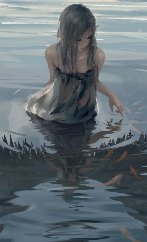 精灵耳少女·水中戏鱼 唯美写实风 水中精灵静谧壁纸 – 高清 桌面壁纸 开放版权素材 免费下载 手机电脑通用背景图