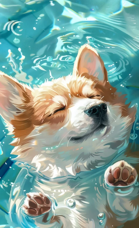 柯基·水中惬意漂浮 唯美插画风治愈系萌宠手机壁纸 – 高清 桌面壁纸 开放版权素材 免费下载 手机电脑通用背景图