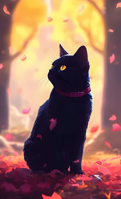 黑猫·玫红项圈·秋叶林 唯美梦幻暖秋手机壁纸 – 高清 桌面壁纸 开放版权素材 免费下载 手机电脑通用背景图