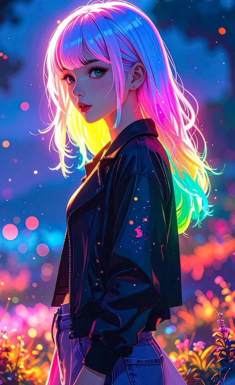 彩虹发色少女·霓虹炫彩赛博朋克风 原创插画热门手机壁纸 – 高清 桌面壁纸 开放版权素材 免费下载 手机电脑通用背景