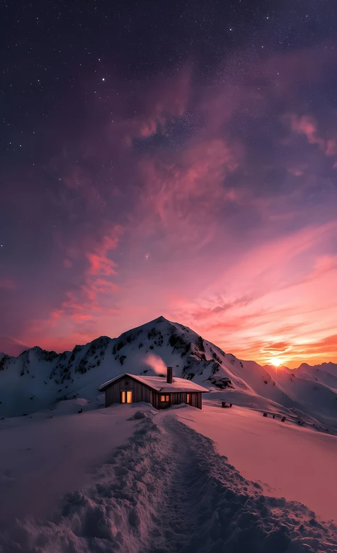 雪山孤屋·星空日出唯美雪景 高质感治愈系壁纸 – 高清 桌面壁纸 开放版权素材 免费下载 手机电脑通用背景图