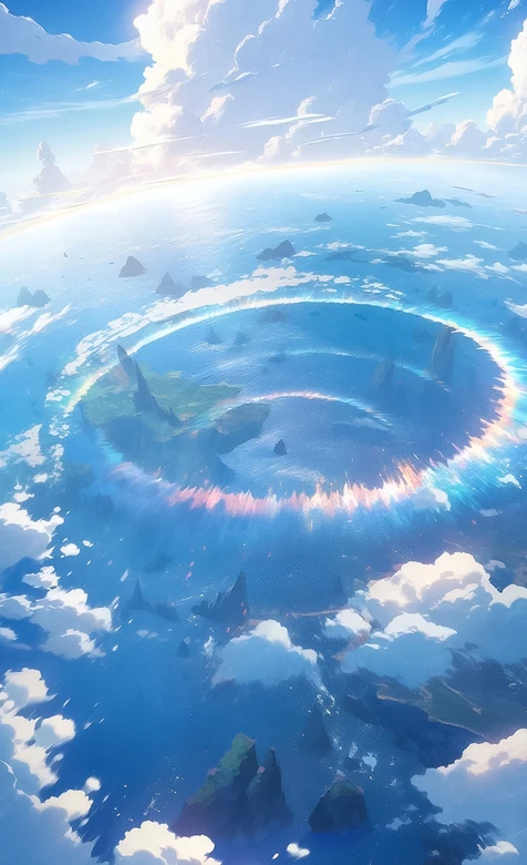 环形海域浮空岛·唯美超现实梦幻场景手机壁纸 – 高清 桌面壁纸 开放版权素材 免费下载 手机电脑通用背景图