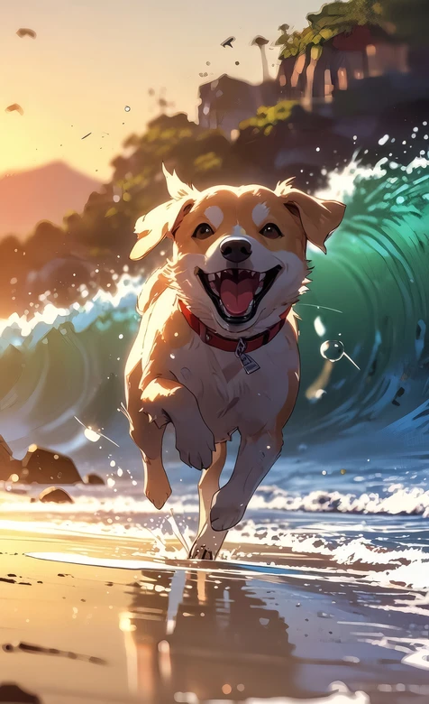 欢跑的狗狗·二次元插画风 海滩海浪夕阳治愈壁纸 – 高清 桌面壁纸 开放版权素材 免费下载 手机电脑通用背景图