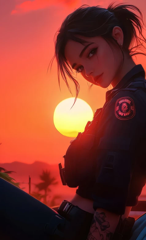 飒气制服纹身少女 写实风日落光影超飒手机壁纸 – 高清 桌面壁纸 开放版权素材 免费下载 手机电脑通用背景图-1