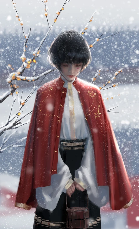 国风短发少女·红斗篷冬雪 唯美古风插画 高适配手机壁纸 – 高清 桌面壁纸 开放版权素材 免费下载 手机电脑通用背景