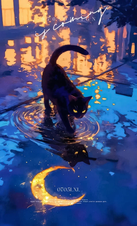 黑猫水洼倒影·唯美插画风雨夜暖光街景壁纸 雨夜猫咪壁纸 – 高清 桌面壁纸 开放版权素材 免费下载 手机电脑通用背景