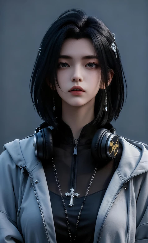 暗黑潮酷短发少女·十字架耳机装饰 高质感手机壁纸 – 高清 桌面壁纸 开放版权素材 免费下载 手机电脑通用背景图