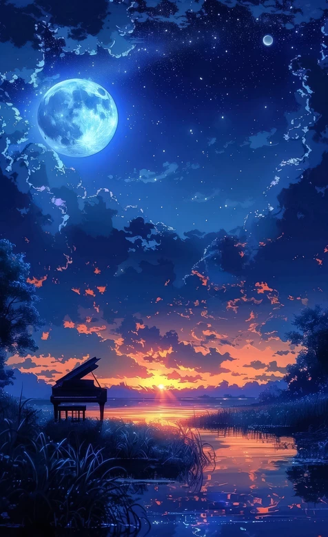 二次元唯美湖畔钢琴·月夜日落交织超高清氛围感壁纸 – 高清 桌面壁纸 开放版权素材 免费下载 手机电脑通用背景图
