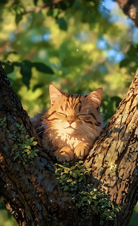 橘斑猫树杈暖阳小憩·治愈风 疗愈系猫咪壁纸 – 高清 桌面壁纸 开放版权素材 免费下载 手机电脑通用背景图