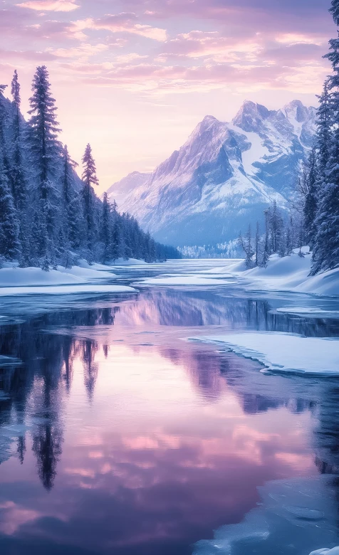 雪山湖泊雪林·唯美梦幻·冬季雪景意境手机壁纸 – 高清 桌面壁纸 开放版权素材 免费下载 手机电脑通用背景图