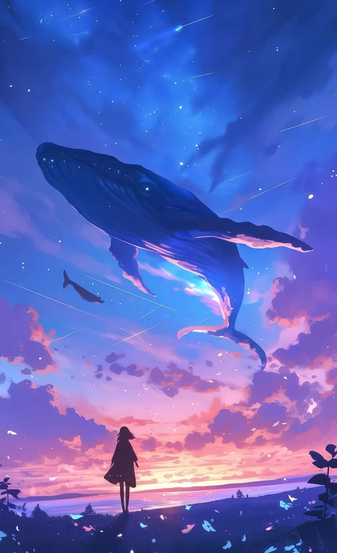 晚霞星空下女孩与巨鲸 唯美梦幻插画手机壁纸 – 高清 桌面壁纸 开放版权素材 免费下载 手机电脑通用背景图