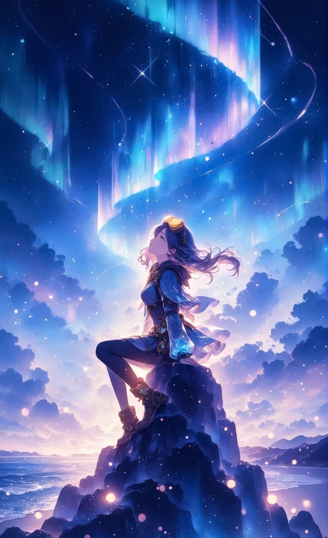 二次元少女·护目镜极光下眺望 唯美星空云海手机壁纸 – 高清 桌面壁纸 开放版权素材 免费下载 手机电脑通用背景图