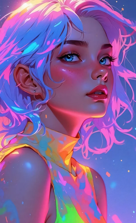 卷发少女·霓虹赛博风原创插画 炫彩渐变手机壁纸 – 高清 桌面壁纸 开放版权素材 免费下载 手机电脑通用背景图