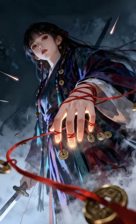 国风武侠女子·红绳铜钱执剑 暗黑江湖手机壁纸热门款 – 高清 桌面壁纸 开放版权素材 免费下载 手机电脑通用背景图