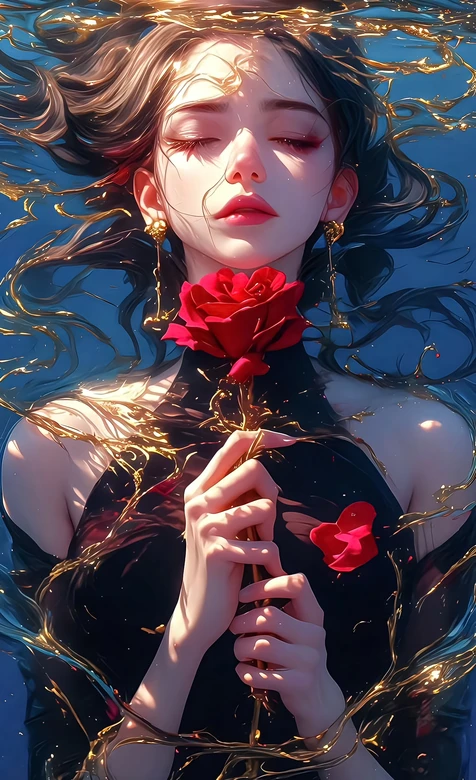水下持红玫瑰女子·唯美梦幻风 金色流体艺术手机壁纸 – 高清 桌面壁纸 开放版权素材 免费下载 手机电脑通用背景图