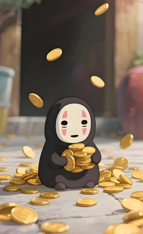 无脸男（千与千寻）Q版抱金币 治愈金币雨壁纸 – 高清 桌面壁纸 开放版权素材 免费下载 手机电脑通用背景图