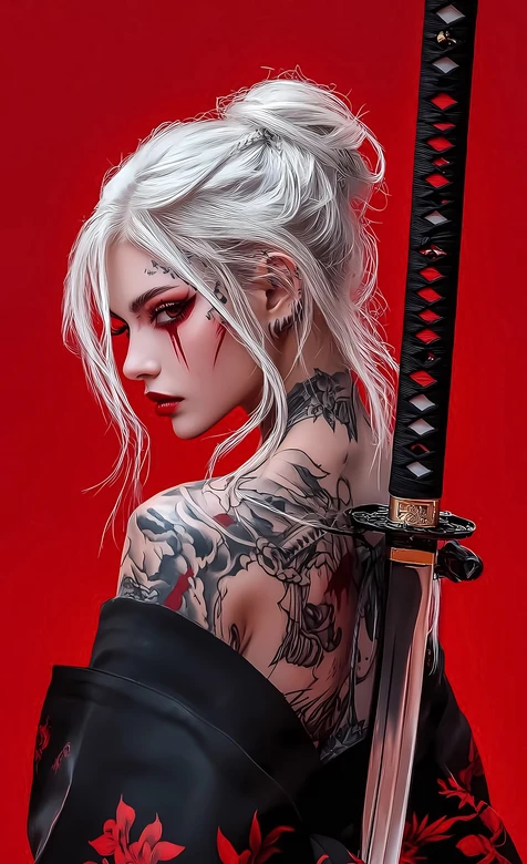 白发纹身女武士·暗黑日系风 武士刀花臂纹身手机壁纸 – 高清 桌面壁纸 开放版权素材 免费下载 手机电脑通用背景图
