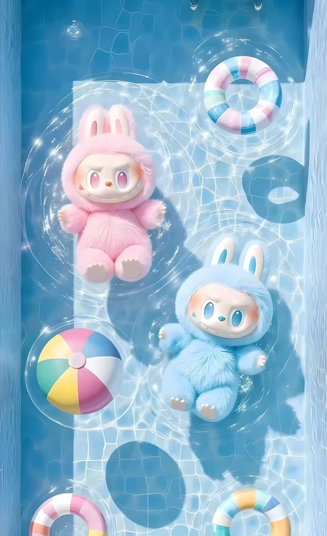 粉蓝毛绒兔玩偶泳池戏水·萌系治愈3D·夏日清凉手机壁纸 – 高清 桌面壁纸 开放版权素材 免费下载 手机电脑通用背景