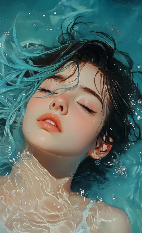水下少女·蓝黑发丝水波氤氲 唯美写实风水下意境感手机壁纸 – 高清 桌面壁纸 开放版权素材 免费下载 手机电脑通用背