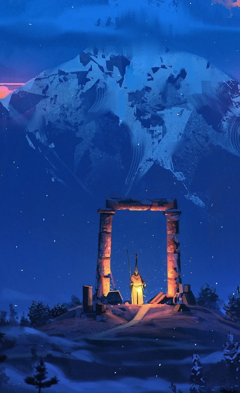 神秘持灯行者·雪山石门夜景 唯美奇幻手机壁纸 – 高清 桌面壁纸 开放版权素材 免费下载 手机电脑通用背景图