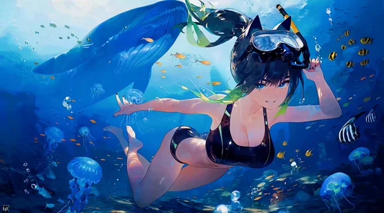 二次元猫耳泳装少女海底探险 唯美动漫风动态电脑壁纸 – 高清 桌面壁纸 开放版权素材 免费下载 手机电脑通用背景图