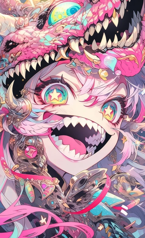 炫彩星星眼尖牙少女·龙饰 二次元原创插画个性手机壁纸 – 高清 桌面壁纸 开放版权素材 免费下载 手机电脑通用背景图