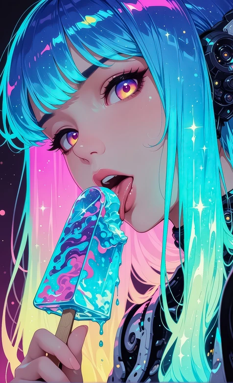 赛博朋克霓虹风动漫少女·星空冰棍（热门手机壁纸） – 高清 桌面壁纸 开放版权素材 免费下载 手机电脑通用背景图
