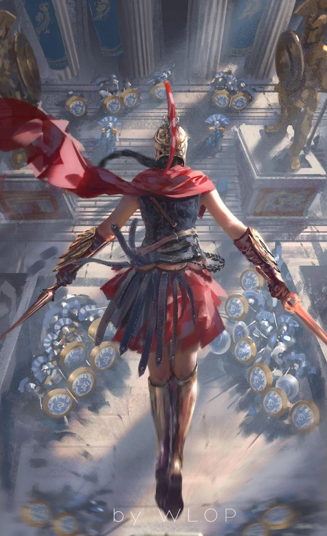 古希腊女战士·红袍战甲（WLOP史诗插画）超燃战斗风手机壁纸 – 高清 桌面壁纸 开放版权素材 免费下载 手机电脑通