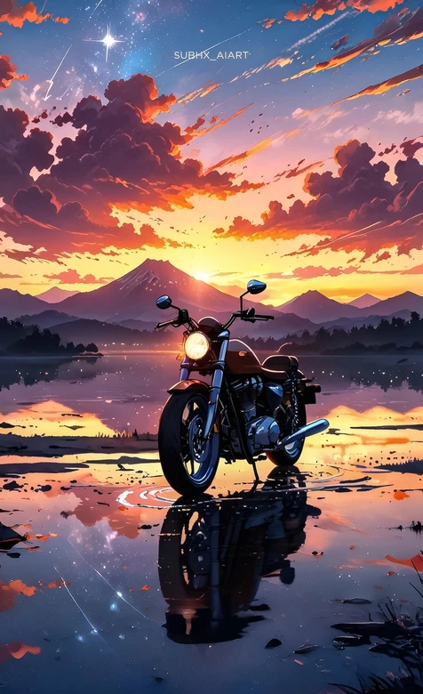 摩托车·富士山日落湖景 唯美动漫风 热血浪漫手机壁纸 – 高清 桌面壁纸 开放版权素材 免费下载 手机电脑通用背景图