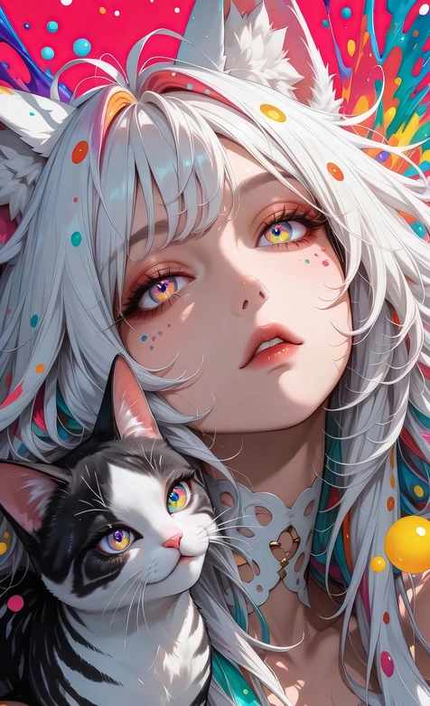 异色瞳猫耳少女&炫彩猫咪 二次元梦幻风手机壁纸 – 高清 桌面壁纸 开放版权素材 免费下载 手机电脑通用背景图