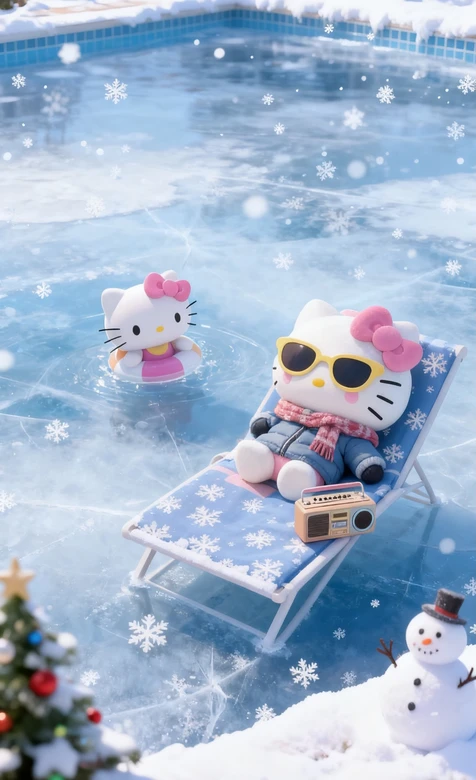 Hello Kitty冰雪泳池度假 三丽鸥可爱节日风手机壁纸 – 手机电脑通-iPhone17-1