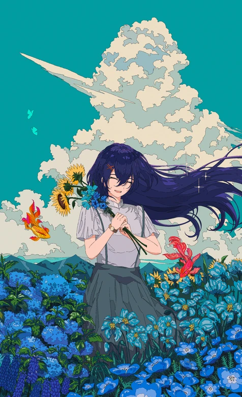 紫发少女·花田笑颜 二次元清新手机壁纸（向日葵蓝花 飘发云景） – 高清 桌面壁纸 开放版权素材 免费下载 手机电脑