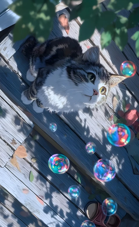 写实风美短猫仰望泡泡·治愈系插画 治愈手机壁纸-iPhone17-1
